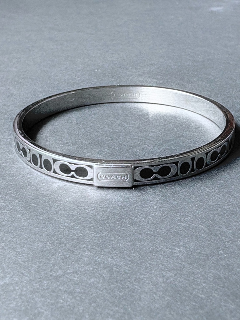 Coach Signature Logo Thin Bangle Bracelet in Silver and Black Enamel